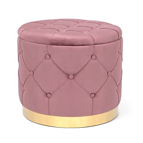 Adeco Round Storage Ottoman, Velvet Button Tufted Upholstered Bench with Removable Lid, Coffee Table Footrest Stool Seat for Living Room Bedroom Entryway (Pink)