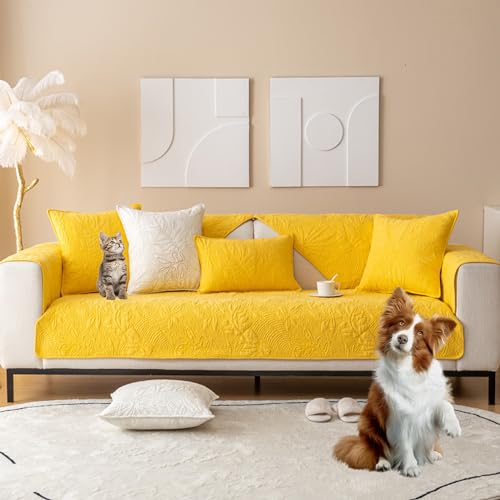 Housse canapé jacquard coton jaune motif feuilles raffinement texturé - 2
