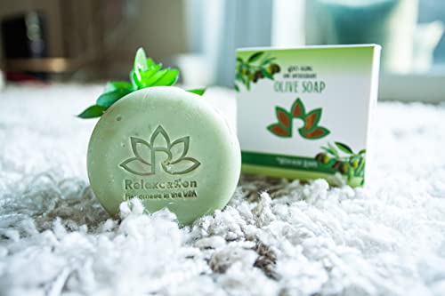 Relaxcation Natural Olive Oil Soap Bar with Organic Pure Greek Olive Oil and Olive Leaves - Anti-Aging and Antioxidant Moisturizing Cold Processed Soap - Handmade in USA
