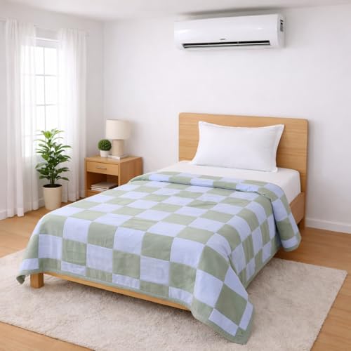 Image of Double Bed Dohar Sage Green Check | Lightweight Summer Quilt | Soft Microfiber AC Blanket | Breathable All Season Comforter | Skin Friendly Bed Cover