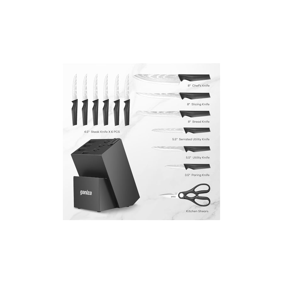 Knife-Set-Ganiza-15pcs-Knife-Set-for-the-Kitchen-with-Block-Built-in-Sharpener-High-Carbon-Stainless-Steel-Kitchen-knife-set-with-Laser-Pattern-Sharp-Rust-Resistant Knife Set, Ganiza 15pcs Knife Set for the Kitchen with Block, Built-in Sharpener, High Carbon Stainless Steel Kitchen knife set with Laser Pattern, Sharp & Rust Resistant