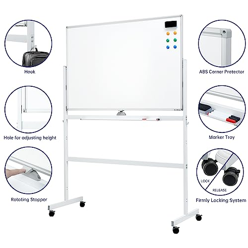 Image of Large Dry-Erase Rolling Magnetic Whiteboard - 48 x 32 Inches White Board Height Adjust Double Sides Mobile Portable Easel on Wheels, Dry Erase Board with Stand for Office, Home & Classroom