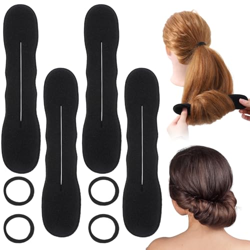 4 Pack Hair Bun Maker with Hair Ties Non-Slip Foam Sponge Shapers Reusable Magic Buns Curler Snap Roll Clips Styling Accessories Easy Bun Twister for Ballet French Twist Long Thin Curly Straight Wavy