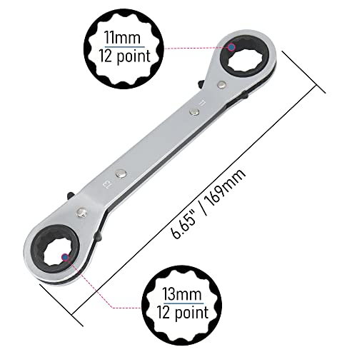 Focmkeas 11X13 Mm Reversible Universal Ratcheting Wrench,Metric Double Offset Box End， Matte Chrome Plated Cr-V Steel， Heavy-Duty，72 Tooth Ratchet Spanner Crooked For Narrow Spaces #TOP1