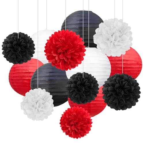 Image of 18 PCS Black Red White Paper Lanterns & Tissue Paper Pom Poms for Birthday, Baby Shower, Wedding, Graduation 2026, Hanging Paper Decor for Fiesta Stranger Theme Party Supplies