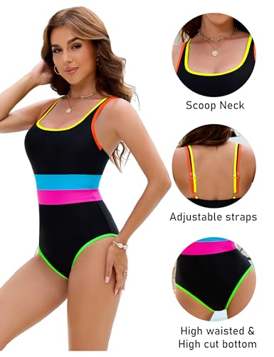 Image of BMJL Women's One Piece Swimsuit Sports Adjustable Strap Bathing Suit Color Block Ribbed High Cut Swimsuits