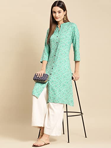 Image of rangita Turquoise Rayon Calf Length Printed Front Slit Kurti for Women | Kurta for Women