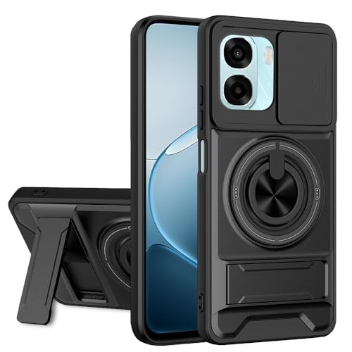 Image of AESTMO Oppo A6S / Oppo K14X / Oppo A6X 5G Back Cover | Armor Camera Slider 360 Degree Rotating Finger Ring Holder Case with Bracket Stand Back Case Cover (Compatible with MagSafe) Accessories (Black)
