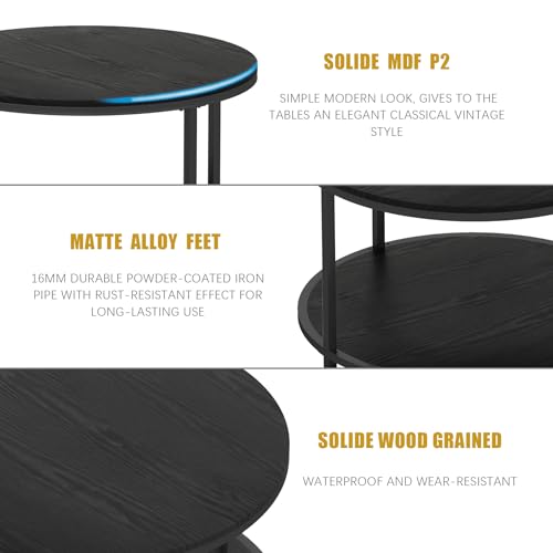 Image of NSdirect Round Coffee Table, 25.6 inch Small Coffee Table for Living Room,2-Tier Rustic Wood Desktop with Storage Shelf Modern Design Home Furniture(Black)