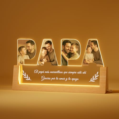 Presente personalizado para pai – sinal luminoso LED com fotografia e gravura – presente Dia do Pai, aniversário ou Natal