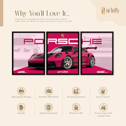 Image of ARTELLY Big Porsche 911 GT3rs Sports Car Framed Wall Posters, Set of 3, Premium Framed Painting, Living Room Bedroom Decoration, Large Size Gift Item for Boys Room Decor (Porsche 3, 19x25 inch)