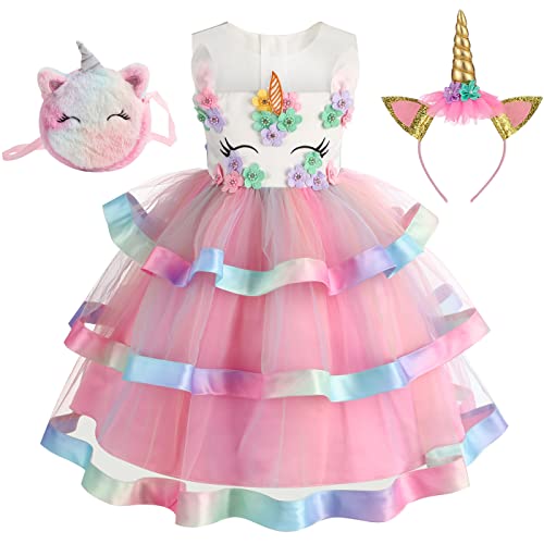 Hallojojo Fille Licorne Déguisement avec Accessoires Robe de Princesse Licorne Enfant Princesse Costume Anniversaire Fête Halloween Noël Carnaval Cosplay Robe Sac Licorne Cover