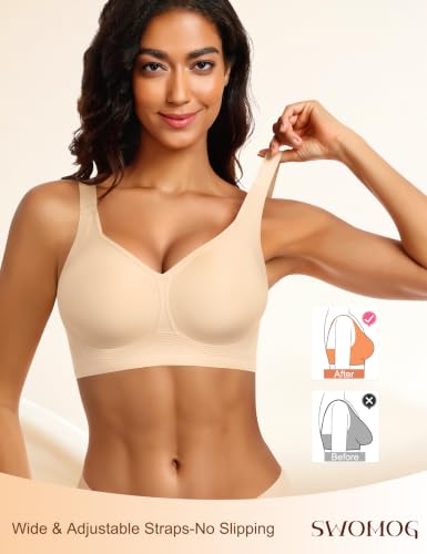 SWOMOG Wireless Seamless Jelly Bra for Women No Underwire Full Coverage Bras V Neck Push Up Soft Supportive Bralette, Nude, Medium — view 4
