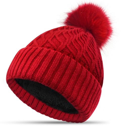 FORVEVO Mütze Damen Winter, Beanie Damen mit Fleece Gefüttert, Warme Wintermütze, Strickmützen mit Bommel für Outdoor Laufen Skifahren (Rot)