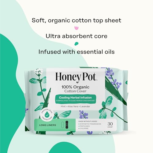 Image of The Honey Pot Company - 120ct - Herbal Long Panty Liners for Women - Infused w /Essential Oils for Cooling Effect & Organic Cotton Cover - Feminine Care