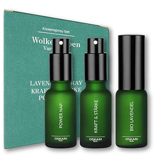 Oskari Berlin Kissenspray Geschenk Set Wolke Sieben Variation I BIO LAVENDEL SPRAY, KRAFT & STÄRKE & POWER NAP Naturreine Ätherische Öle Deep Sleep Pillow Mist 3 x 20ml Made in Berlin Cover