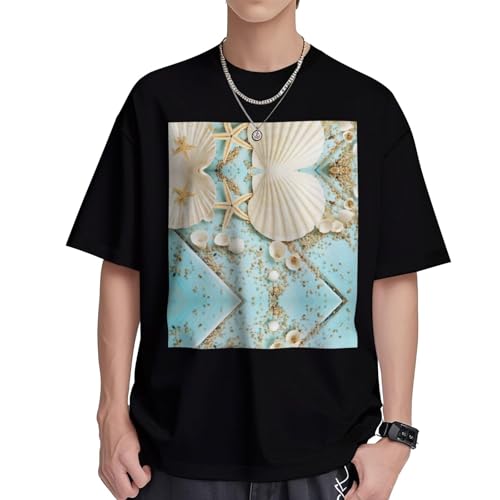 T-shirt manches courtes homme bleu imprimé mer et plage en coton col rond S-XL