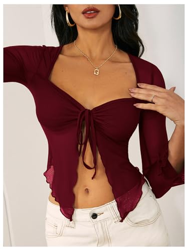 WDIRARA Women's Long Sleeve Front Tie Top Sexy Mesh Bell Sleeve Shirt4