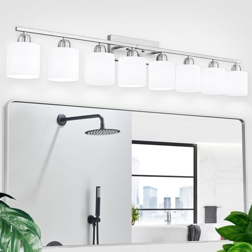 Image of Brushed Nickel Bathrooms Lights for Huge Mirror, 8 Light Anti-Rust Finish with Milky White Frosted Glass Shades, 51 Inch Above Mirror Lights for Bathroom, E26