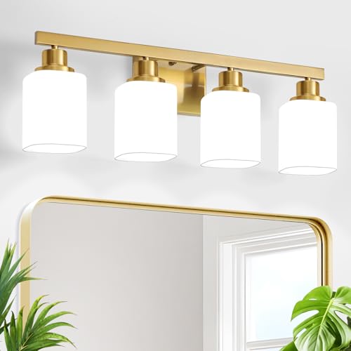 Image of Brushed Gold Bathroom Vanity Light,4-Light Bathroom Light Fixtures with Square Frosted Glass,Gold Bathroom Wall Lamp Sconces for Mirror Bedroom,Living Room Hallway,E26