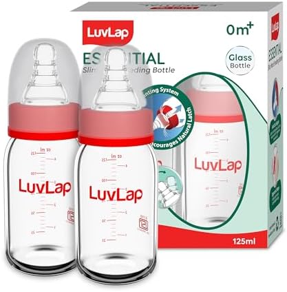 LuvLap Essential Slim Neck Glass Feeding Bottle, 125ml, 0m+/Babies Upto 3 Years, Made of Borosilicate Glass, BPA Free, Ergonomic Shape is Easy to Hold, with Anti Colic Nipple, Pack of 2, White & Red