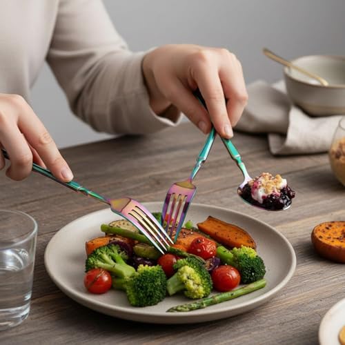 Image of Elegant Handle Rainbow 30 Pcs Stainless Steel Cutlery Set for Dining Table, Dishwasher Safe Glossy Flatware (6 Spoon Set+6 Forks Set+6 Butter Knife+6 Dessert Spoon+ 6 Fruit Fork)