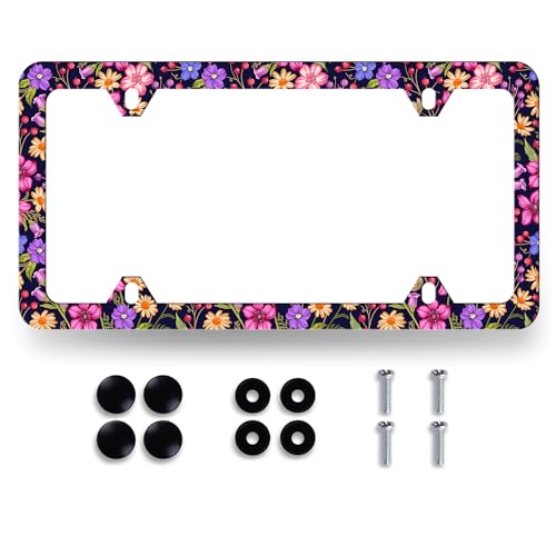 Beautiful Berry Flower License Plate Frame Colorful Floral License Plate Holder Stainless Steel Flowers Car Accessory Funny License Plate Women Decoration Size 12.2"x6.2" with Screws