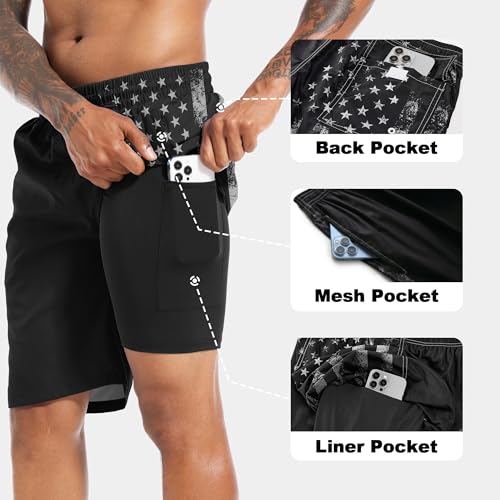 FT FENTENG Mens Swim Trunks with Compression Liner 9" Stretch Board Shorts 2 in 1 Quick Dry Swimwear Bathing Suits3