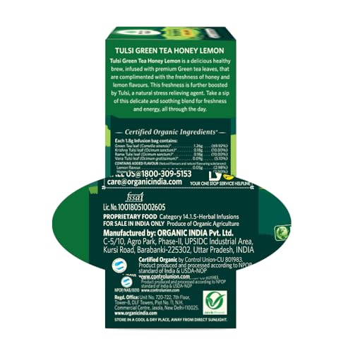 Image of ORGANIC INDIA Tulsi Green Tea Honey Lemon - 25 Tea Bags, Refreshing Blend with Tulsi, Green Tea, Lemon & Honey Flavors, Naturally Sourced Ingredients, Staple-Free Bags Certified Organic (Pack of 2)