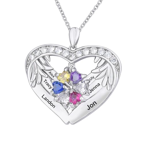 Custom Heart Pendant Necklace for Mom and Grandma with 1-6 Names and Simulated Birthstones Personalized Mother Sterling Silver Necklace for Christmas Birthday or Mother's Day