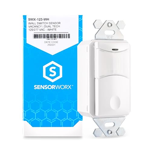SENSORWORX Occupancy Motion Sensor in-Wall Switch, SWX-123-WH, Dual Tech PIR & Acoustic, Manual On (Vacancy Mode), 120/277V, 800W/1200W, 1-Pole, No Neutral, White, Made in USA