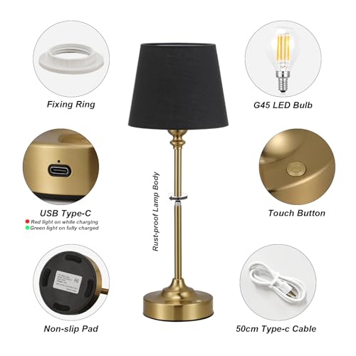 Image of Kakanuo Cordless Table Lamps Rechargeable Set - 2 Pack Brass 4000mAH Battery Operated Lamps for Decor, 3000K Stepless Dimming Touch Wireless Lamp for Bedroom, Dining Table, Living Room, Black Shade
