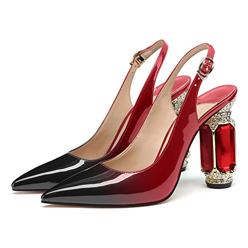 Image of JANSEVEN Women Chunky Heels Pumps Crystal Block Heels with Rhinestones Pointed Toe Sexy Gradient Patent Leather Slip on Bridal Party Wedding Dress Shoes 5-13 M US