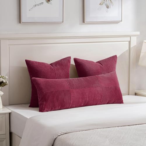 Image of Fancy Homi 2 Packs Burgundy Lumbar Decorative Throw Pillow Covers 12x20 Inch for Living Room Couch Bed, Christmas Boho Home Decor, Soft Striped Corduroy Rectangle Accent Cushion Case 30x50 cm