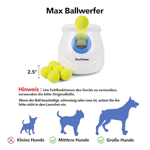 Pet Prime Groß Ballwurfmaschine Hund, Automatischer Ballwerfer für Große Hunde, Wiederaufladbar Ballschleuder 3 Wurfweite zwischen 3-12m, mit Pfeife & 6 Bälle Wurfspiel im Garten und Park (Max)