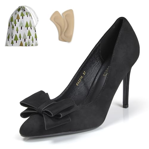 Pointed Closed Toe Bow Pumps for Women 4 Inch Sexy Faux Suede High Heels Women's Dress Slip On Stilettos Comfortable Wedding Daily Formal Shoes