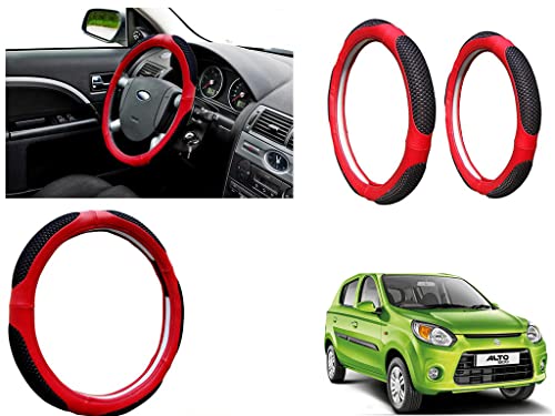 Image of Microfiber Car Steering Wheel Cover, Soft Padding Great Hand Feel, Anti-Slip, Faux Leather Steering Cover for Maruti Suzuki Alto 800 2016 | Black Red Jali - Pack of 1