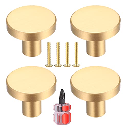 Yibaijia 4 Pcs Round Cabinet Knobs Gold Brass Drawer Knobs Door Kitchen Hardware Cupboard Knob Stainless Steel Single Hole Handle with Screws for Home Decorating Cupboard Wardrobe (20mmx25mm)