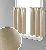 HLC.ME Redmont Lattice Thermal Insulated Blackout Decorative Back Tab Rod Pocket Tailored Window Curtain Tiers for Kitchen, Bathroom, Basement and Small Windows - Set of 2, 30 W x 36 L, Taupe
