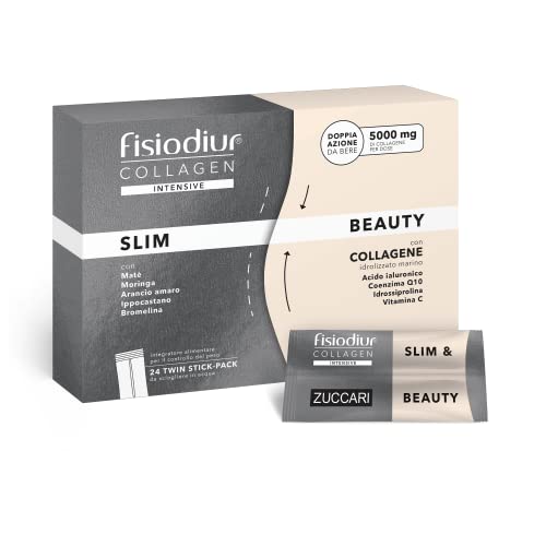 Zuccari Fisiodiur Collagen Intensive Slim & Beauty, 24 Twin-Stick da 8g, 5 g di Collagene Idrolizzato per Doppia Dose, Ricco di Vitamina C, Acido Ialuronico e Coenzima Q10, Supporto per Pelle Tonica