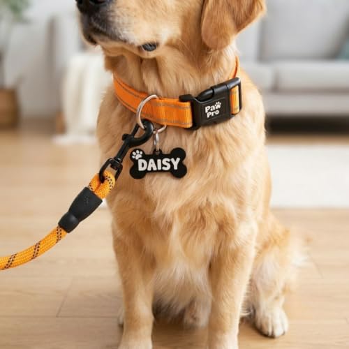 Image of PAWPRO Personalized Reflective Dog Collar and Leash Combo with Custom Bone-Shaped Name Tag | Handmade Soft Nylon Adjustable Collar 13-21 Inches | Reflective Leash Set for Medium & Large Dogs (Orange)