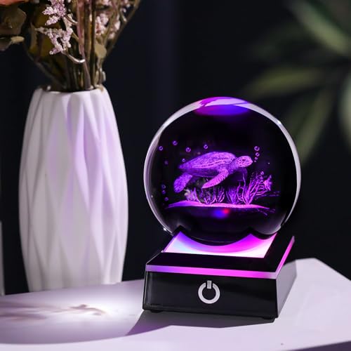 Image of 3D Crystal Ball Sea Turtle Gifts for Women Men Snow Globe Ornament with LED Base Night Light, Laser Engraved Sea Turtle Decor Figurines Gifts for Turtle Lovers