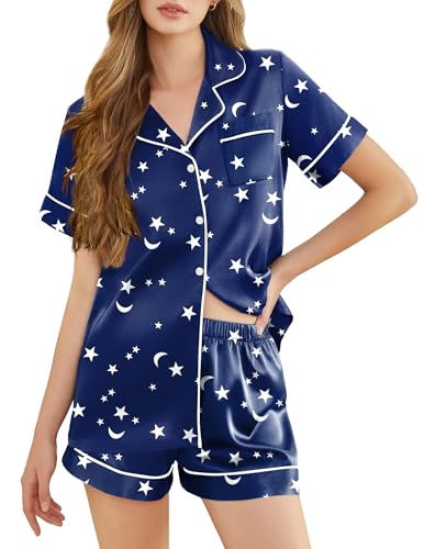 Image of Silk Pajamas for Women Short Sleeve Sleepwear Soft Button Down Loungewear 2 Piece Satin Pjs Shorts Set S-XXL