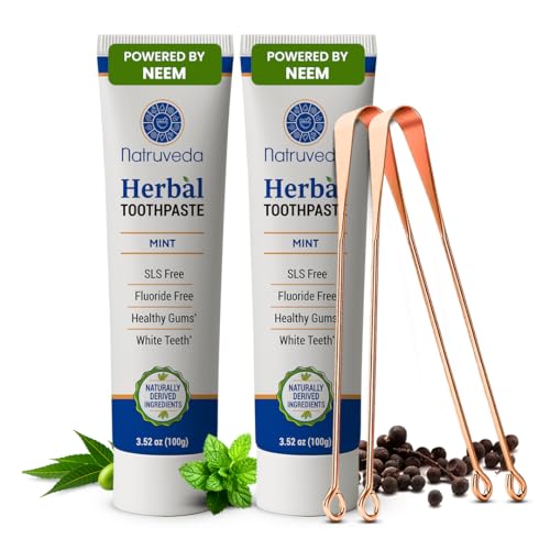 Image of Natruveda Neem Herbal Toothpaste | Fluoride Free, SLS Free, Natural Toothpaste for Adults | Ayurvedic Oral Care with Miswak | 3.52 oz (2 Pack)