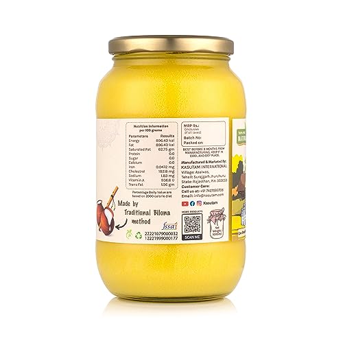 Kasutam A2 Desi Cow Bilona Ghee Made By Traditional Vedic Bilona Method Made In Earthen Pot & Hand Churned Free Grazing Grass Fed Cow Ghee Immunity Booster Glass Jar- 1000 Ml