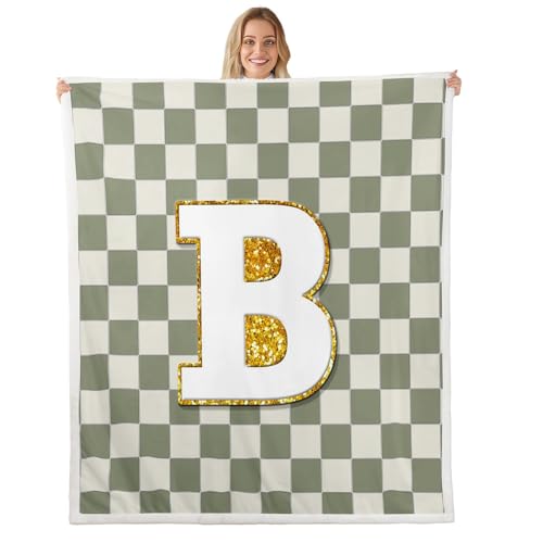 Image of Erosebridal Sage Green Checkered Fuzzy Plush Throw Plaid Initial B Fleece Blanket Personalized Monogram Sherpa Blanket for Kids Boys Girls,Fashion Grids Gingham Decor for Bed Couch 40 inchx50 inch