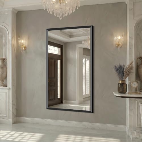 Image of DESBING Large Bathroom Mirror for Over Sink, 60 inch x 36 inch Black Rectangle Bathroom Mirrors for Double Vanity, Metal Ribbed Textured Framed Wall Mirror for Bathroom, Living Room, Bedroom,Dressing Room