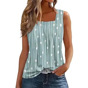 Tank Top for Women 2024 Summer Casual Square Collar Tank Tops Cute Graphic Beach Vest Pleated Sleeveless Tee Shirts