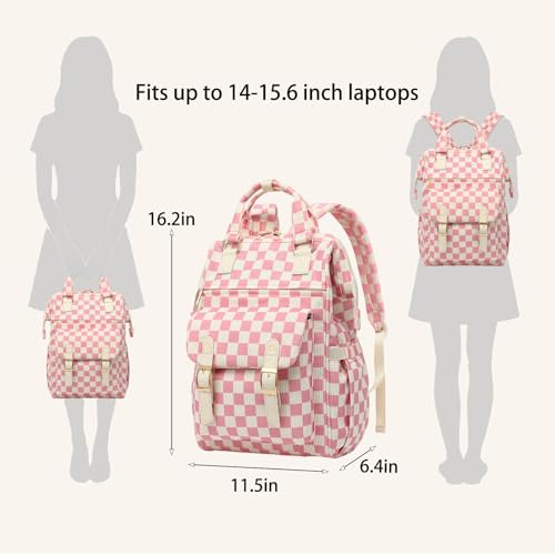 Image of Corduroy Laptop Backpack for Women 15.6 Inch Stylish College School Bookbag, Business Work & Travel Computer Backpacks (Checkered Pink)