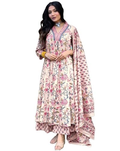 Image of GoSriKi Women's Rayon Viscose Anarkali Printed Kurta with Palazzo & Dupatta